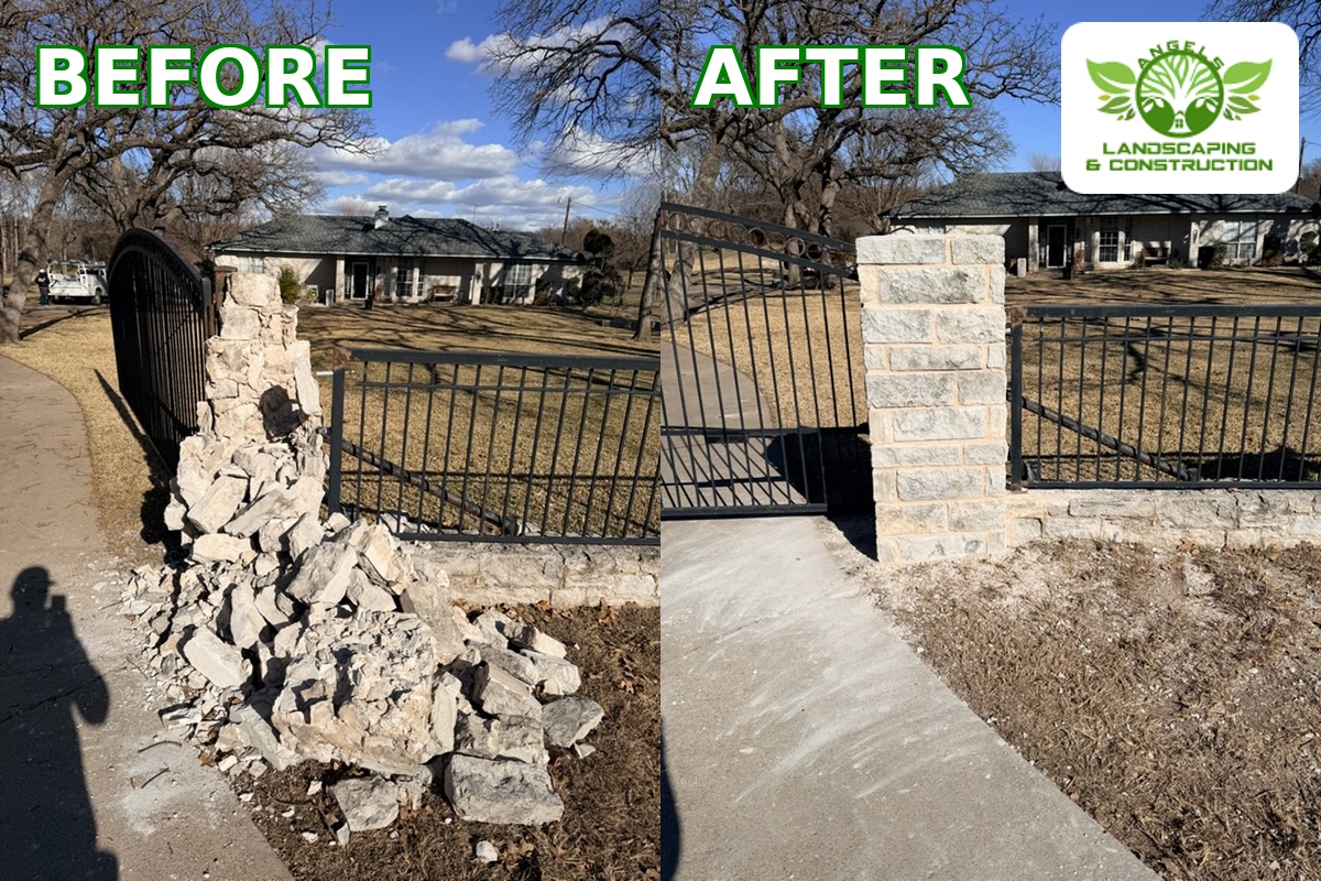 BBefore and after stone retaining wall and patio installation in Fort Worth TX by Angels Landscaping